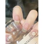 74.0% Off – Secret Lives Acrylic Fake Reusable False Artifical Press On Nails Translucent Pink Color With Silverish Golden Glitter 3D Flowers And Pearl Design 24 Pieces With Kit