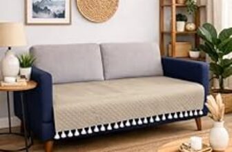 83.0% Off – BSB HOME 3 Seater Quilted Velvet Sofa Cover with Tassels | Soft Washable Sofa Protector for Living Room | Elegant Furniture Cover for Home Décor (Beige)