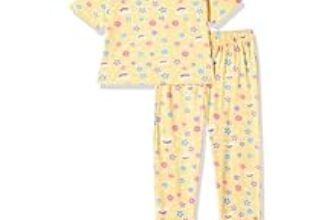 91.0% Off – T2F Girls Cotton Printed Oversized Fit Crop Top and Pant Pajama Set