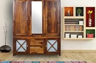 74.0% Off – Cross Pattern Solid Wood 3-Door Wardrobe with Mirror in Provincial Teak Finish