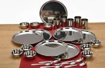 78.0% Off – E – Ezra 36 Pieces Stainless Steel Dinnerware/Dinner Set – 6 Thali, 6 D.Plate, 12 Bowl, 6 Glass, 6 Spoon, Kitchen Set for Home & Restaurants, Family – Silver Dinnerware Set