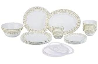 66.0% Off – Larah by Borosil Ora Gold Fluted Series Opalware Dinner Set | 36 Pieces for Family of 8 | Microwave & Dishwasher Safe | Bone-Ash Free | Crockery Set for Dining & Gifting | Plates & Bowls | White